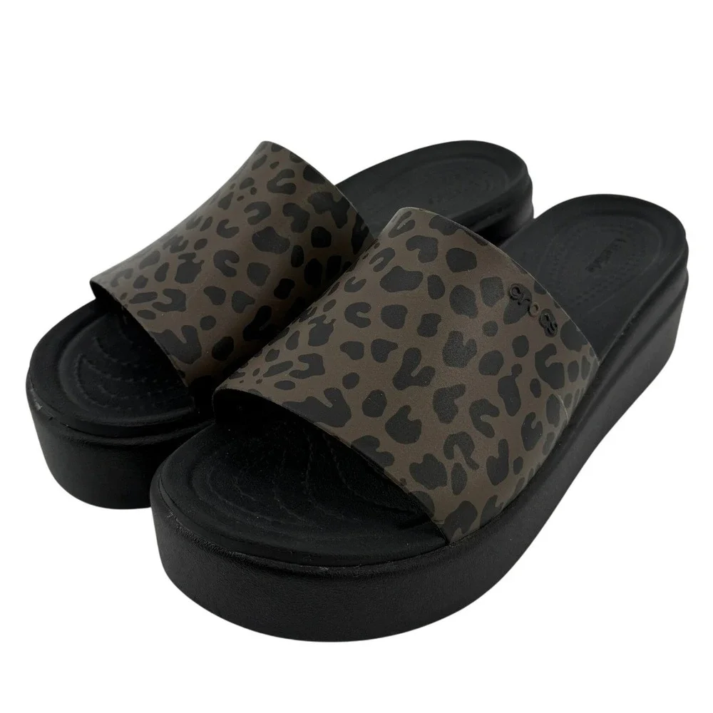 Crocs Brooklyn Animal Print Low Wedge Slide Sandal Black Leopard Women 7 Y2K